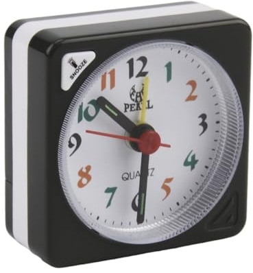 Small Travel Alarm Clock 6cm Black, Analogue Non-Ticking Mini Clock with Snooze & Night Light, Glow in the Dark Bedside Alarm Clock, Loud Bell Alarm for Heavy Sleepers, Compact Battery Operated