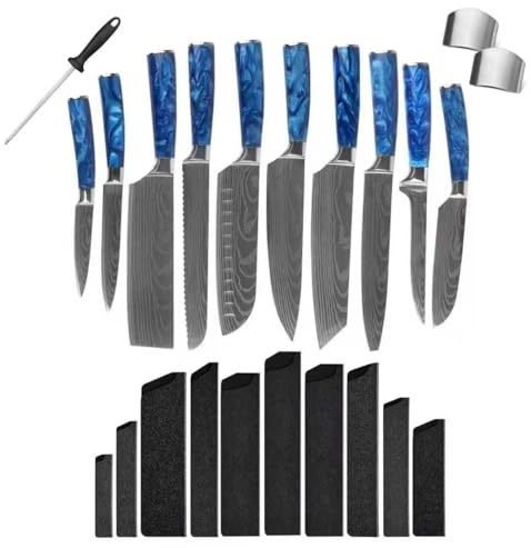 Rexhan 10 Piece Kitchen Knife Set, High Carbon Stainless Steel Knives Set, Professional Chef Knife Set, Cooking Knife Set, Japanese Knife Set, Damascus Pattern, Sharpener, Full Tang, Anti-Slip,
