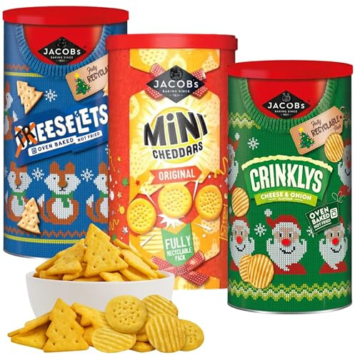 3x Jacobs Crackers tubs (3x280g) - Cheeselets, Mini Cheddars, Crinckleys Christmas Savoury Snacks, Jacobs Crackers Savory Christmas Hamper, Cheeselets Snacks Sharing Tub