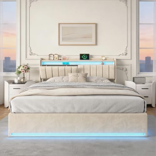 BRILVERDE Polsterbett 160x200 mit Stauraum, Doppelbett mit LED/USB, Hydraulisch Stauraumbett, Jugendbett mit kopfteil und Lattenrost, Bettrahmen für Erwachsene, Samt (Beige, 160 x 200 cm)