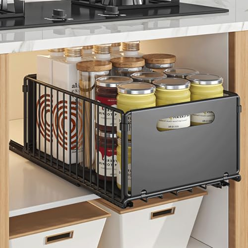 2 Stück Teleskopschublade, Ausziehbare Schublade Küche, 2x 19cm Hoch | Kohlenstoffstahl Ausziehbarer Schrank Organizer, Küchenschrank Organizer für Küche, Bad, Wohnzimmer Kein Bohren und Nageln