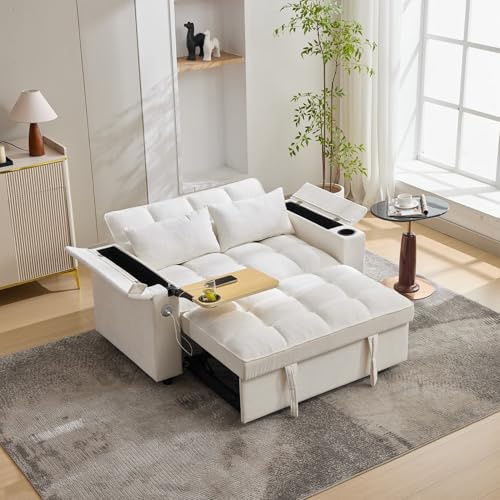 EURHCIO Canapé d'angle Convertible 2 Places,Petit Canape 2 Places avec Dossier Réglables,Tablette Rabattable,Port USB,Porte-gobelet,pour Salons,Chambres (A-Beige)