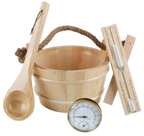 Set di 4 pezzi sauna in legno con secchio e mestolo, set di accessori per sauna da 4 litri con secchio e mestolo, termometro, igrometro e clessidra per sauna a vapore