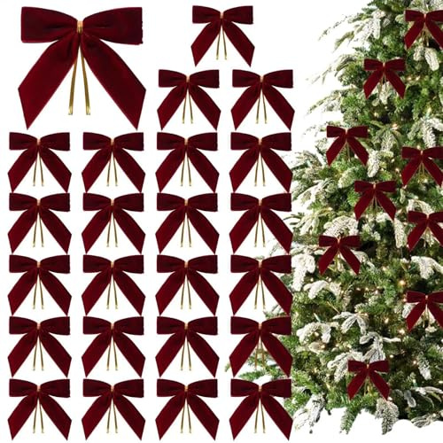 24Pcs Burgundy Velvet Bows for Christmas Tree - Vintage Wine Red Velvet Ribbon Bows with Twist Tie for Xmas Tree Garland Wreath Gift Wrapping DIY Crafts Wedding Home Decorations