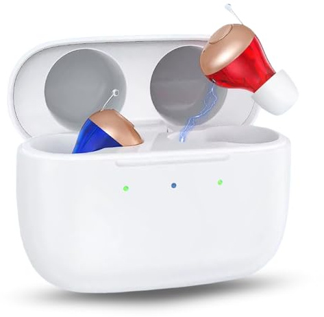 IAVENDO Amplificador de Sonido Recargable, Amplificador Auditivo CIC, Tamaño Ultra Reducido, Estuche Portátil Carga Rápida, 2 Unidades Intercambiables, Manual en Español, Larga Duración 80 Horas
