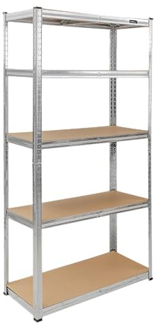 Étagère de Rangement Métallique Dedra – 180x90x40 cm – 5 Plateaux MDF – Charge 875 kg (175 kg/Niveau) – Structure Galvanisée Modulable en 2 Établis – Idéal Garage, Cave et Atelier