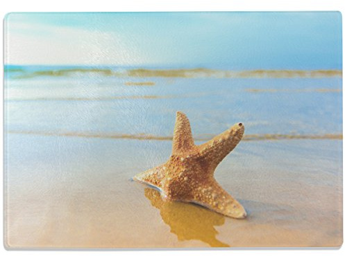 WANDKINGS Glasschneidebrett „Seestern am Strand“ - Motiv wählbar - Glasschneideplatte, Schneidebrett aus Glas, Frühstücksbrettchen