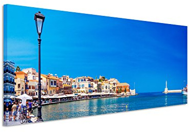 Paul Sinus Art Panoramabild 150x50cm Landschaftsfotografie – Hafen in Chania, Kreta, Griechenland auf Leinwand exklusives Wandbild moderne Fotografie für ihre Wand in vielen Größen