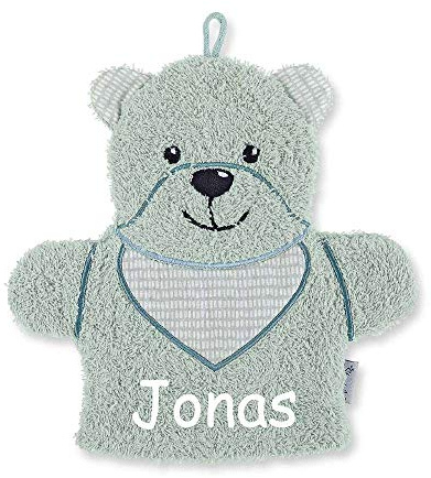 individueller Waschhandschuh, personalisiert von SL-Store, hergestellt mit Waschhandschuh Bär, mit Namen bestickt Waschlappen Baby Geschenk zur Geburt, Motiv: Bär grün