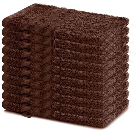 Lavea® 10 Guanti da Bagno 15x21 cm in Spugna di Cotone 100% Morbidi e Assorbenti, per Casa Hotel Spa – Manopola da Bagno con Gancetto – Marrone caffé
