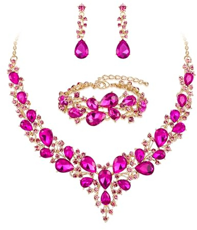 BriLove Wedding Bridal Jewelery for Women Austrian Crystal Teardrop Cluster Statement Necklace Dangle Earrings Link Bracelet Set Fuchsia