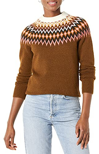 Amazon Essentials Jersey suave al tacto con cuello redondo y estampado isla Fair Mujer, Marrón Medio Estampado Navideño, L
