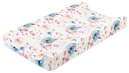 SH-RuiDu Skötdyna, supermjukt andningsbart blommigt skötbord lakan spädbarn skötmatta skydd för baby pojkar flickor (akvarellblomma)