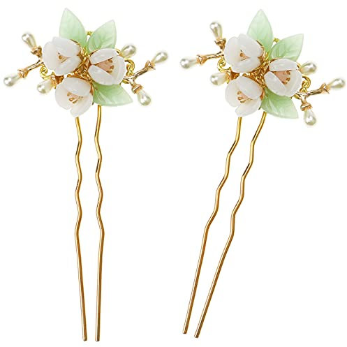 DIYstore 2 Stück Perlenblumen-Haarstäbchen, chinesische Haarstäbchen, Vintage-Haarnadel, Chignon-Pin, Essstäbchen, Haarstyling, Haarherstellung, Zubehör für Frauen