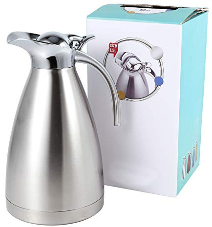 Olla térmica, cafetera de acero inoxidable, tetera, doble pared, con aislamiento al vacío, jarra térmica, botella de agua caliente con asa(Plata1.5l)