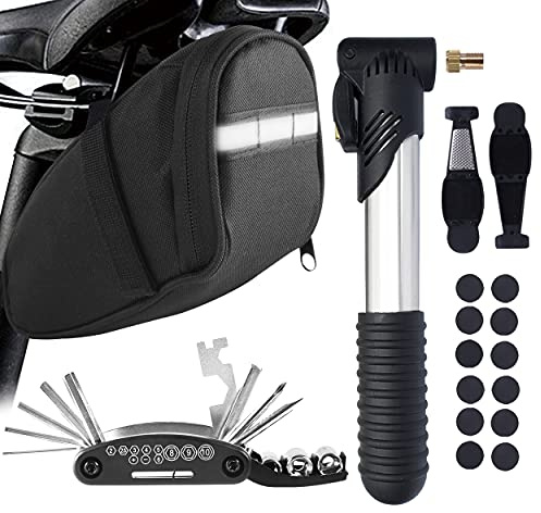 MASPODER Kit de Herramientas Bicicleta Multifuncional, Bolsa Bicicleta Sillín, Bomba Aire Portátil, Parches Neumáticos Autoadhesivos, Acero Inoxidable, Plástico