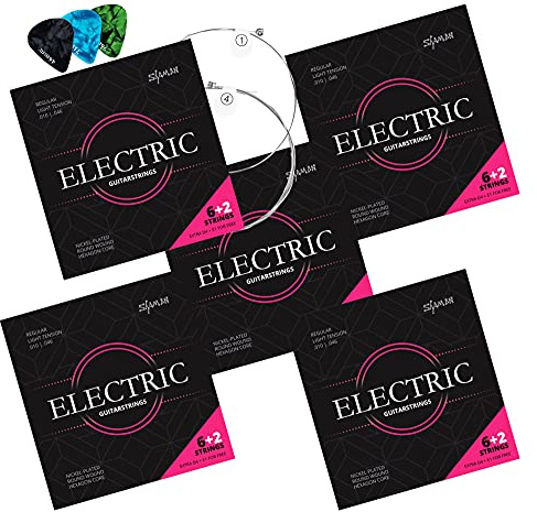 Shaman Electric Saiten für E-Gitarre inkl. 2 Ersatzsaiten und 3 Plektren 5x | Kompletter Saitensatz für E-Gitarre, Custom Light Tension (.010, .013, .017, .026, .036 und .046), Alle Saiten mit Ball End