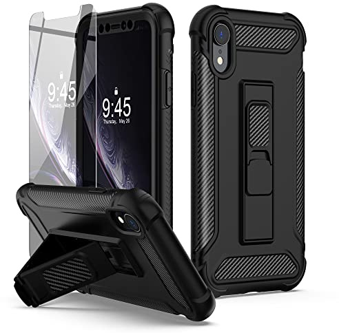 ORETECH Designed for iPhone XR Case,and [2 x Tempered Glass Screen Protectors] [Heavy Duty Protection] [Kickstand & Phone Holder] 5 in 1 Full Body Shockproof Protective Cover for iPhone Xr - Black