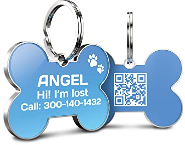 DISONTAG Hundemarke Personalisiert mit QR Code,28 * 42mm 2 Seiten Dog Id Tag mit SchlüSselring für Hundehalsband,Leichter zu Lesen als Gravur– Online|Modifizierbar|Colourful(Knochen)