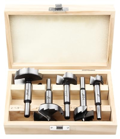 HPHOPE Forstner Bit Set 5Pcs - Forstner Bits for Wood, Wood Drilling with Round Shank, Drill Accessories, Size 1, 1-3/8, 1-1/2, 2, 2-1/8 with Storage Case