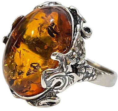 Baltic Amber Ring for Women – Natural Honey Cognac Amber in 925 Sterling Silver – Vintage Oval Statement Ring – Unique Handmade Gift for Her (10)