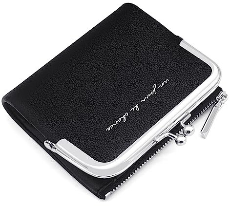 GOUNNU Damen Geldbörse PU Leder Portemonnaie Klein und im Kurzformat Damen Geldbeutel mit Mehreren Fächern, Mini Portmonee Frauen mit 8 Kartenfächer und Reißverschluss Münzfach (Schwarz)