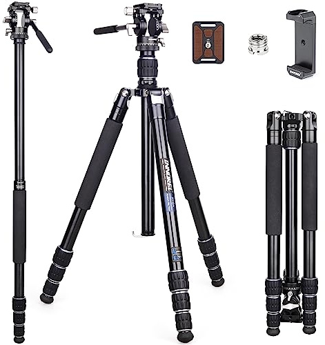 INNOREL RT45A+H10 Professional Camera Tripod 6061 Aluminum Alloy Travel Compact Portable Photographic Tripod Monopod for DSLR Camera Camcorder Camera Stand with Mini Fluid Video Head Phone Clip