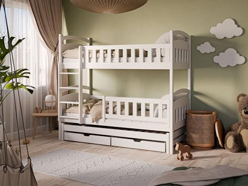 Arthauss Bunk Bed for Kids with Trundle and Storage in White - Versatile, Pine Wood Design with Universal Ladder - Includes Underbed Storage Drawers and Removable Guardrail - Perfect for Kids Bedrooms