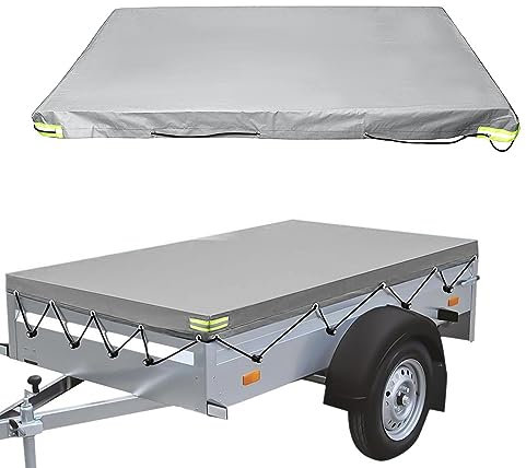 Anhängerplane Flachplane, 207x114x10cm Anhänger Abdeckplane, 420D Oxford-Stoff Wasserdicht Anhängerabdeckung mit Planenseil, Reflexstreifen, Ösen für 750kg Anhänger (Grau)