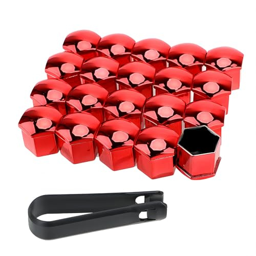 PAITOK Radmutterkappe, 20 Stück Universal Chrom Kunststoff Radbolzenmutternabdeckungen Radmutterabdeckungen mit Entfernungswerkzeug-Set für Autos (Rot, 21mm)