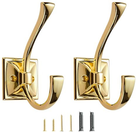 CABDM Confezione da 2 ganci decorativi resistenti per appendere accappatoi, doppi ganci appendiabiti in ottone lucido, montaggio a parete con viti per chiavi, asciugamani, borse, tazze, cappelli