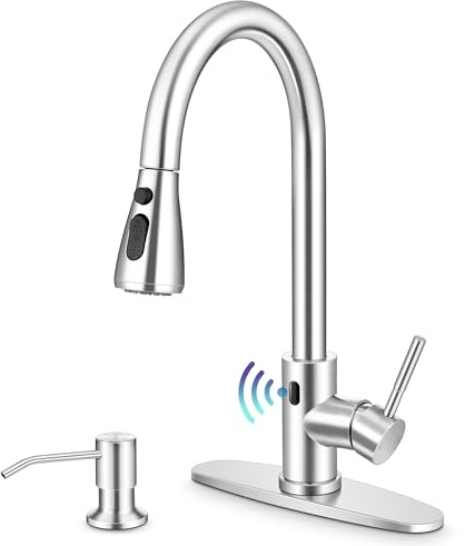 Touchless Kitchen Sink Faucet with Pull Down Sprayer, Herogo Brushed Nickel Stainless Steel Smart Activated Kitchen Faucet with Soap Dispenser, Single Handle Motion Sensor Tap for Farmhouse RV Sink
