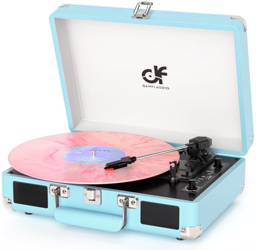 Vinyl Record Player with Built-in 2 Speakers Vintage 3-Speed Portable Bluetooth Suitcase Turntable with USB Recording MP3 Converter RCA/AUX/Headphone Jack Retro Blue