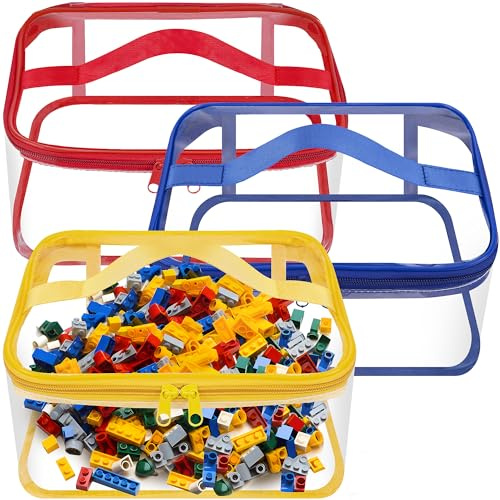 3 Packs Clear Toy Storage Bags- 9.4 x 6.7 x 4.3 Inch Transparent PVC Toy Organizing Bags with Zipper- Waterproof Toy Storage Organizer Pouch for Building Blocks, Small Toys (Red, Blue, Yellow)