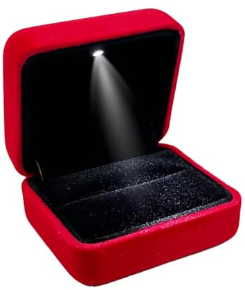 DELALO Ringschatulle mit Licht - Ringschachtel mit LED-Licht Rot Samt für Antrag, Verlobung und Hochzeit - Elegante Ringbox mit Beleuchtung