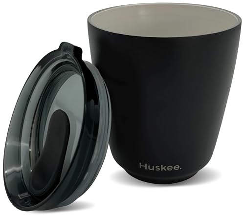 HUSKEE 8oz Stainless Steel Coffee Cup - Reusable, Stackable & Insulated Cup with Lid - No Spill Ceramic-Lined Travel Cups for Hot Drinks, Gift for Coffee Lovers & On-The-Go - Black
