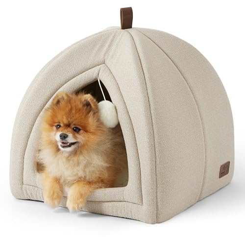 Bedsure Katzenhöhlen-Bett mit herausnehmbarem waschbarem Kissen, 44x44cm | Katzenzelt Betthaus mit Sherpa Katzenkissen Faltbares Tragbares Haustierbett, kuscheliger Plüsch, Beige