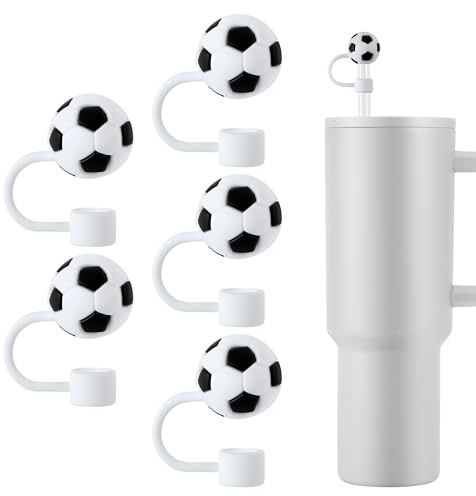 5pcs Soccer Ball Straw Cover Caps for Stanley, Silicone Straw Tip Toppers for 10mm Straws Reusable Sports Straw Lids Accessories Compatible with Stanley 30oz 40oz Tumbler Cup