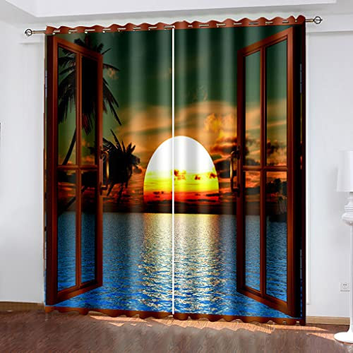 Vorhänge Blickdicht Gardinen Mit Ösen Thermovorhang Verdunkelungsvorhang Für Kinderzimmer Wohnzimmer Fensterdekoration 3D Kunst-Mode-Sonnenuntergang Muster Ösenschal 200X164Cm (Bxh) 2Er Set