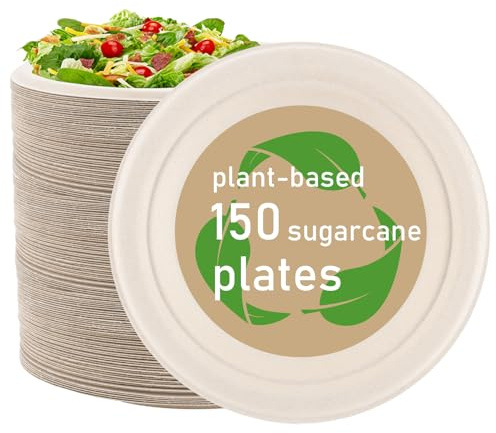 Oungy 150 Stück Rund Pappteller 18cm Einwegteller Stabil, Klein Zuckerrohr Teller, Braun Papierteller 18cm Kompostierbare, Waschbar, Paper Plates für Picknicks, Grillpartys, Feiern und Geburtstage