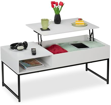 Relaxdays Couchtisch aufklappbar, HBT 45x110x50 cm, Seitenfach, Wohnzimmertisch mit Stauraum, Holzoptik & Metall, Farben | Wohnzimmertisch mit Stauraum, Holzoptik & Metall