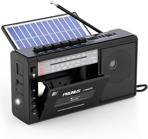 PRUNUS J-360 Tragbare Kassettenspieler mit Bluetooth, AM/FM Kassettenradio mit Akku & Solarpanel, Kleines Radio kassettenrekorder mit Kopfhöreranschluss, TF/USB-Laufwerk.