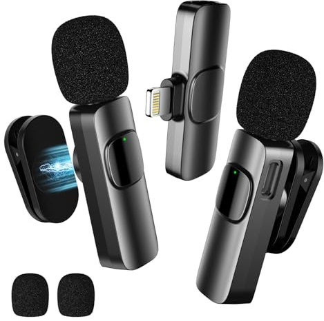 BYbrutek Upgraded 2-Pack Lavalier Wireless Microphones for iPhone and iPad, Mini Microphone for Video Recording, Podcasts, Interviews, YouTube, TikTok, and Vlogging (Equipped with Lightning Receiver)