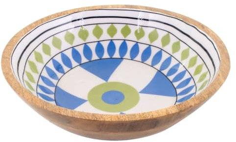 Grand Plat de Service décoratif en Bois de Manguier, Thème rétro et Motifs Allover colorés, diamètre 35 cm