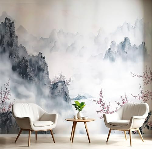 Carta da Parati Panoramica Pittura A Inchiostro Orientale 150×105 CM (W×H) Carta da Parati Fotografica in Seta 3D Montagne Fiori Di Pesco Poster Gigante Murale Soggiorno Della Parete Della