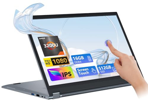 Ordinateur Portable 2 en 1, 15.6 PC Portable 16Go RAM 512Go SSD, Ordinateur Portable Tactile Ryzen 3, Laptop avec 360°Flip 1920X1080 IPS, avec RJ45, Type-C, USB 3.0, Ultra-Fin et léger Laptop