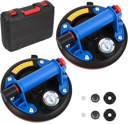 Gaethra 2 Pièces 8 Ventouse Carrelage avec Manomètre, Ventouse Vitrier Capacité de Charge Max 200 kg, Professionnelles Ventouses à Vide avec Boîte de Transport pour Verre, Carreaux, Marbre,Bleu