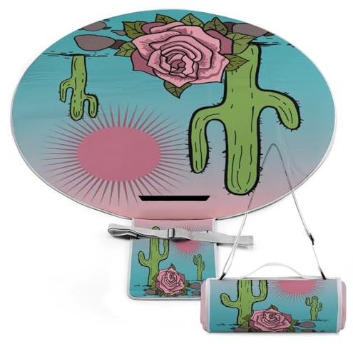 Couverture de pique-nique ronde à motif cactus et roses, avec sangle de transport, pliable, portable, imperméable, 3 couches, pour camping en plein air, tapis de plage d'été, 152 cm de diamètre