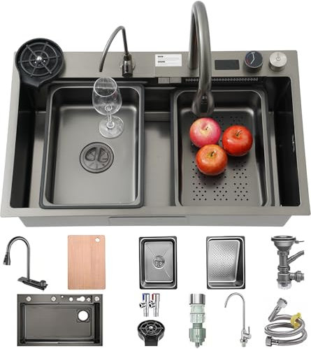 Fregadero de cascada de 85 x 45 cm, de acero inoxidable, color negro y gris, con pantalla digital, 1 fregadero de montaje superior, fregadero de cocina grande con juego completo de accesorios