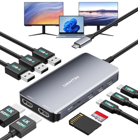 UANTIN USB C Docking Station Dual Monitor, 10-in-1 USB C Hub to Dual HDMI Multiport Adapter with USBC & USBA 3.0, SD/Micro SD, 100W PD, Laptop Dock Station for Dell XPS/HP/Lenovo/Mac/Surface etc
